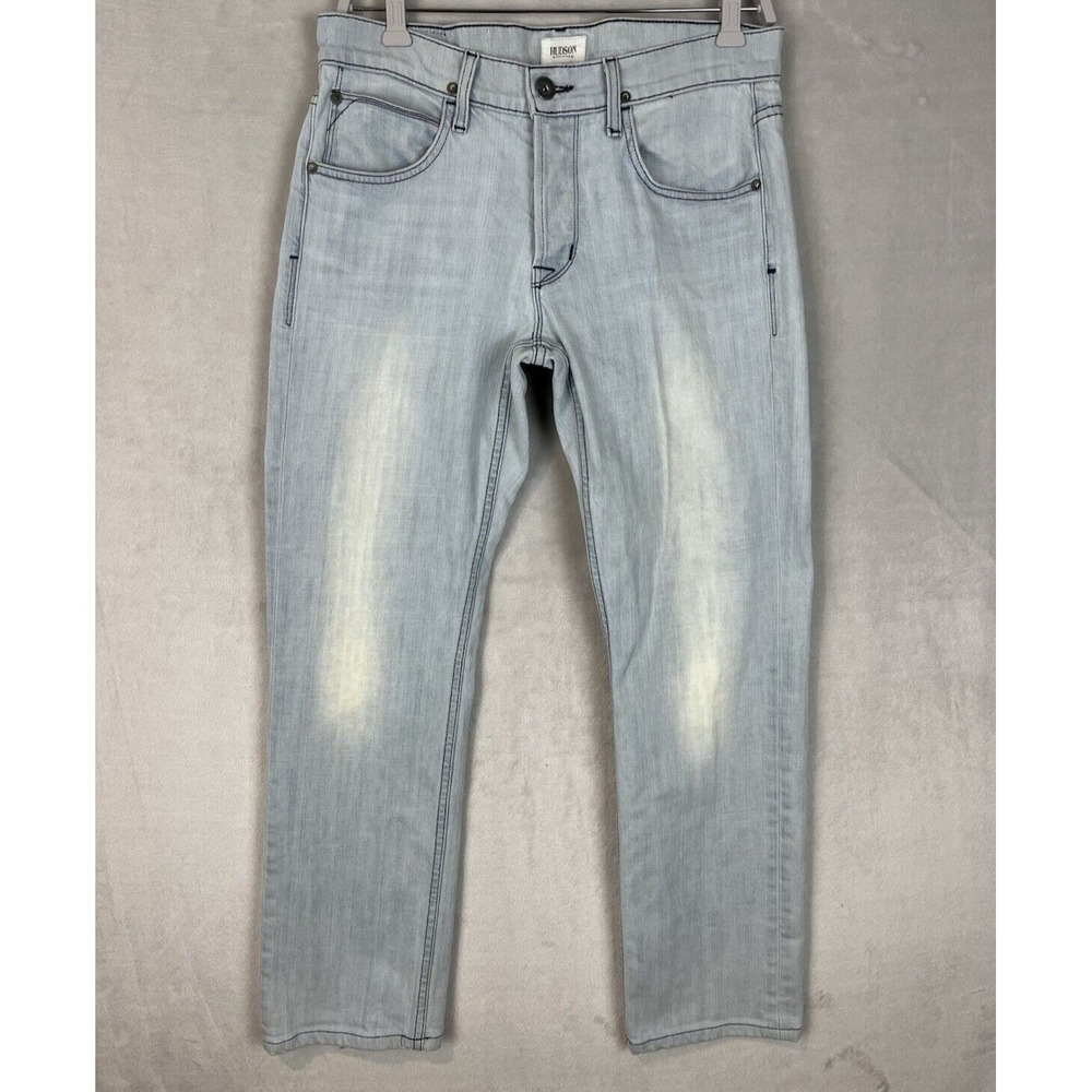 HUDSON Byron Jean Men 31 Light Blue Wash Straight Stretch Button Fly Whisker Y2K